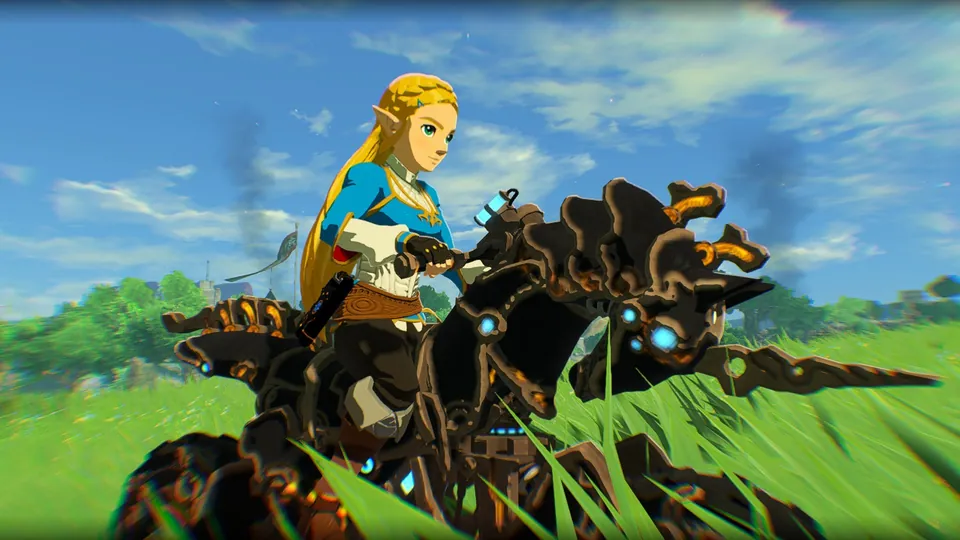 Zelda rides a dark mechanical steed across a green field in Hyrule Warriors: Age of Calamity Definitive Edition