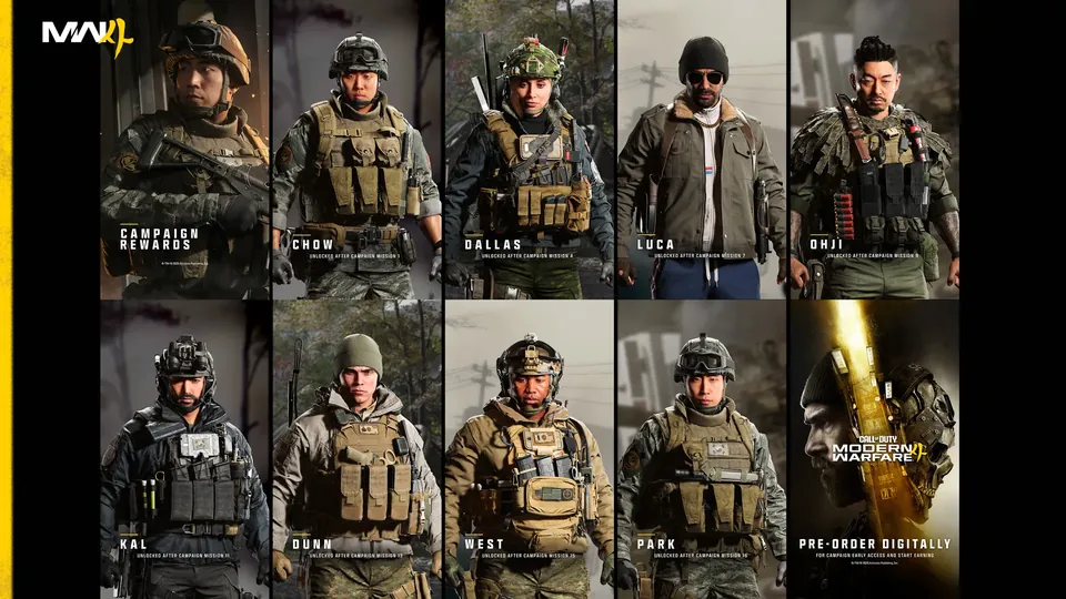 Activision's grid of Modern Warfare 4 campaign reward operators, from Cho, Dallas, Luca and Oh-Ji to Kal, Dunn, West and Park