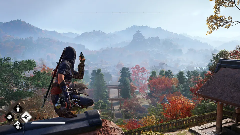 Naoe crouches on a rooftop above a valley of autumn trees with a castle in the distance