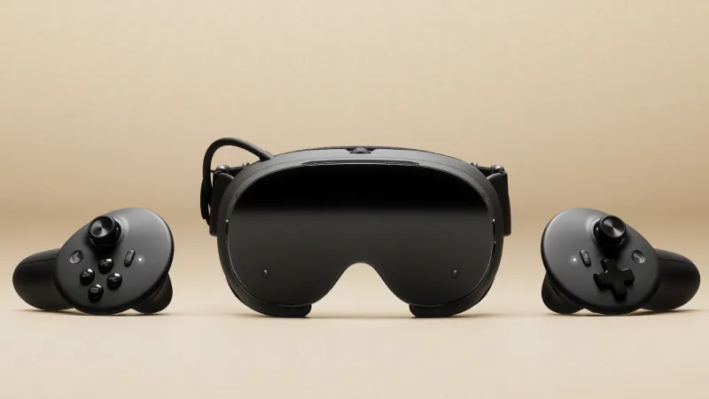 Front view of the Steam Frame headset with a controller on each side
