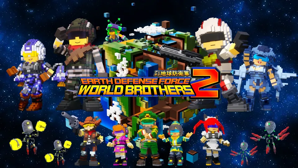 Blocky soldiers and giant enemies around the logo of Earth Defense Force: World Brothers 2