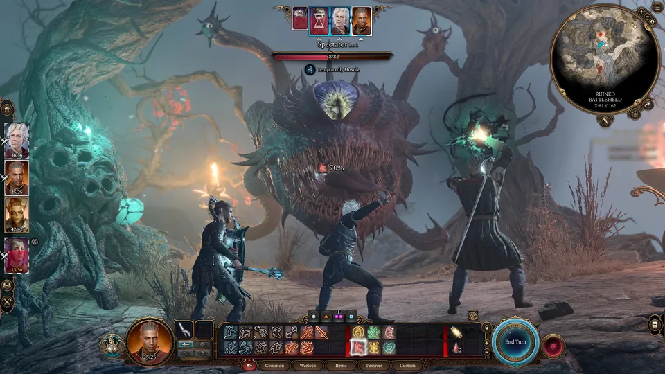 A party of adventurers fights a giant tentacled monster in a glowing swamp during turn-based combat