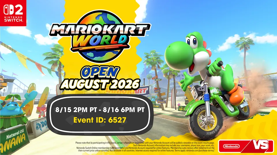 Mario Kart World Open August 2026 banner with Yoshi on a motorbike and Event ID 6527