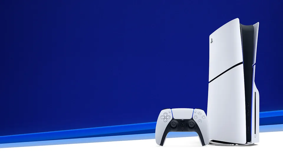PS5 console standing upright next to a DualSense controller on a blue and white background
