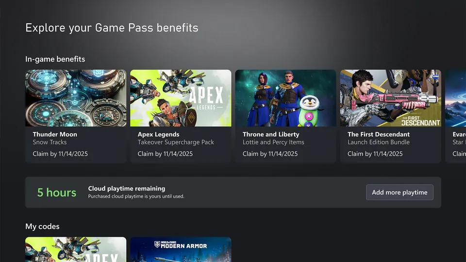 Xbox's Game Pass benefits screen showing 5 hours of cloud playtime remaining and an Add more playtime button