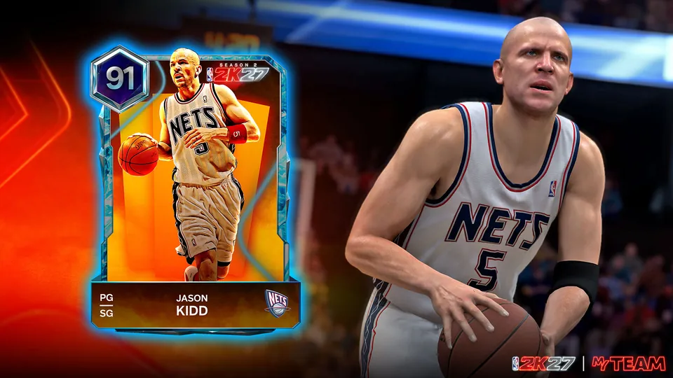 A Diamond Jason Kidd MyTEAM card next to Jason Kidd in a Nets jersey in NBA 2K27