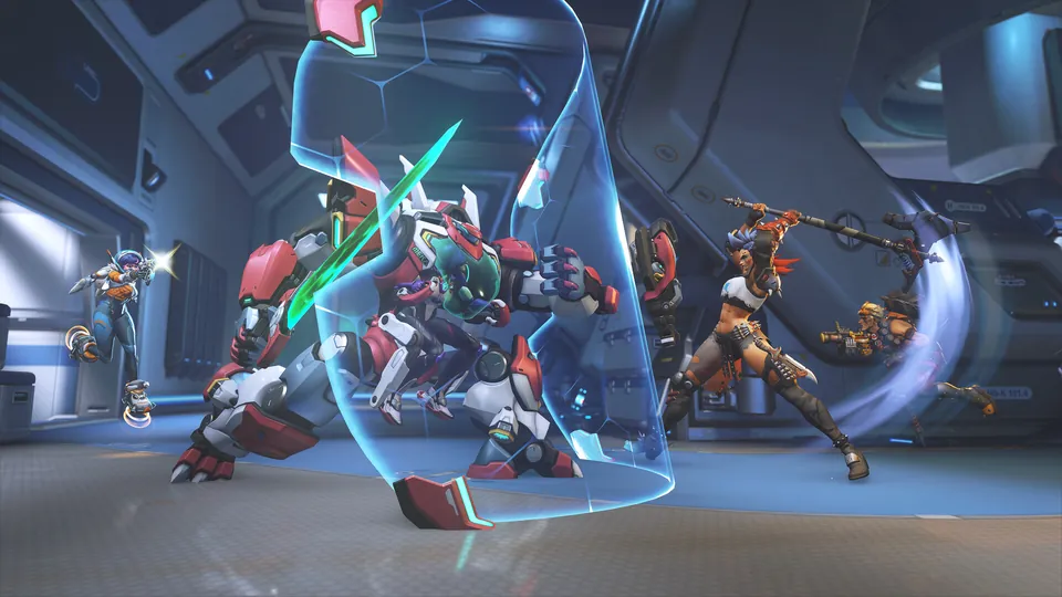 A red and white mech hero swings a glowing green sword behind a curved blue energy barrier while other heroes fight in a space station corridor