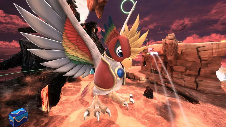 A huge bird with colorful feathered wings swoops over a red canyon in Kirby Air Riders.