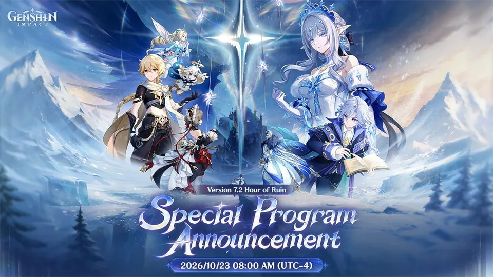 Genshin Impact Version 7.2 Hour of Ruin special program banner with characters on a snowy mountain and the Oct. 23 date