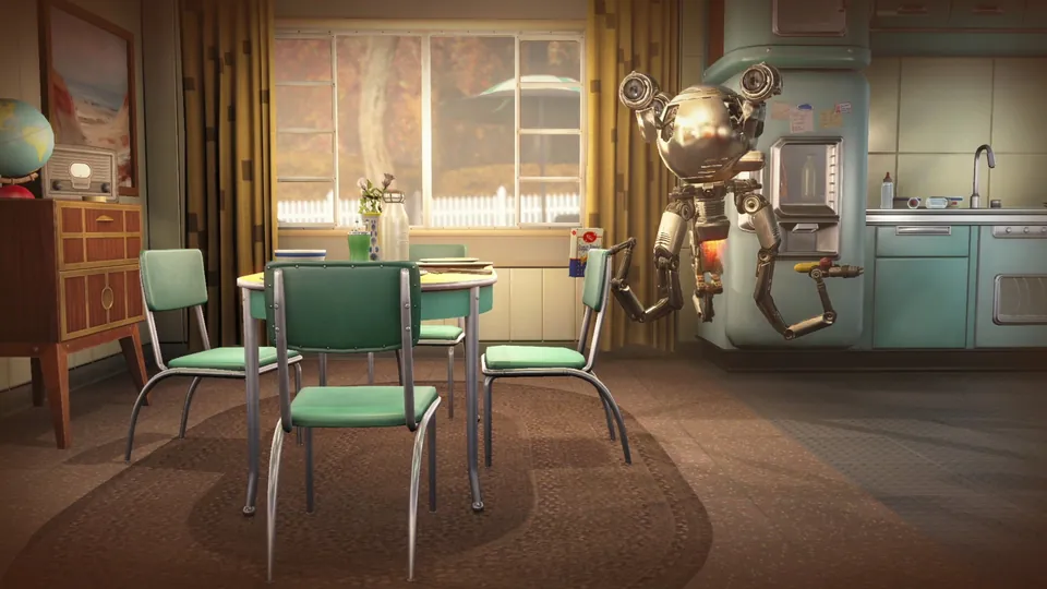 A tidy prewar kitchen with green chairs and the floating robot butler Codsworth