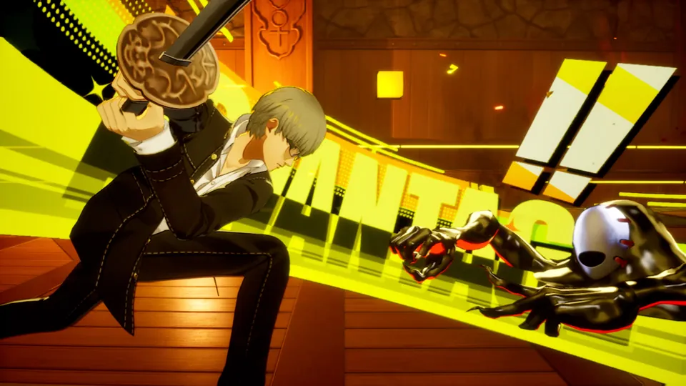 The Persona 4 Revival hero leaps with a katana in a yellow battle cut-in