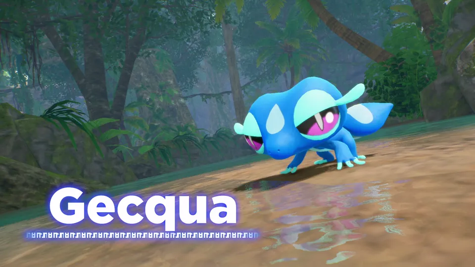 Gecqua, the Water-type Water Gecko Pokémon, in a shallow forest stream