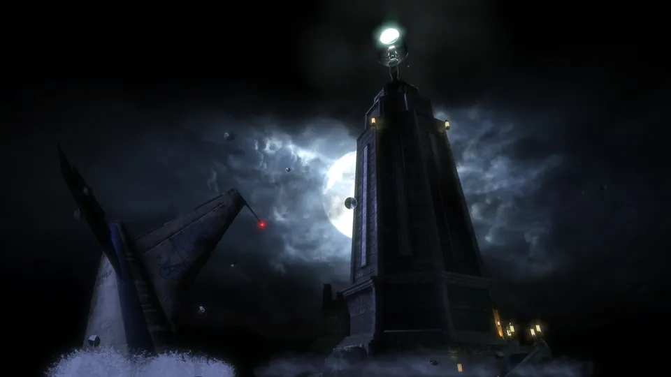 A lighthouse tower rises from a stormy sea under a full moon in BioShock Remastered