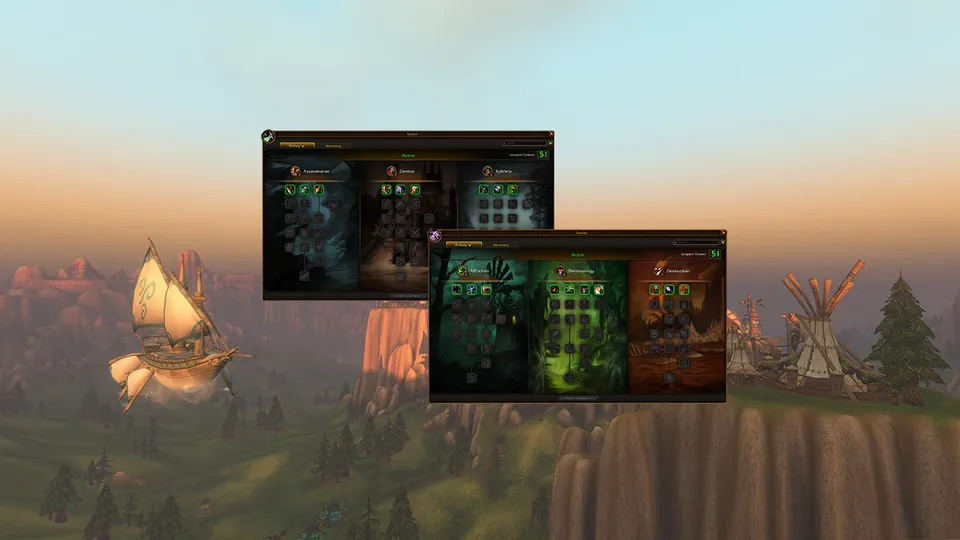 Rogue and Warlock talent windows over a landscape with an airship in World of Warcraft: Forever