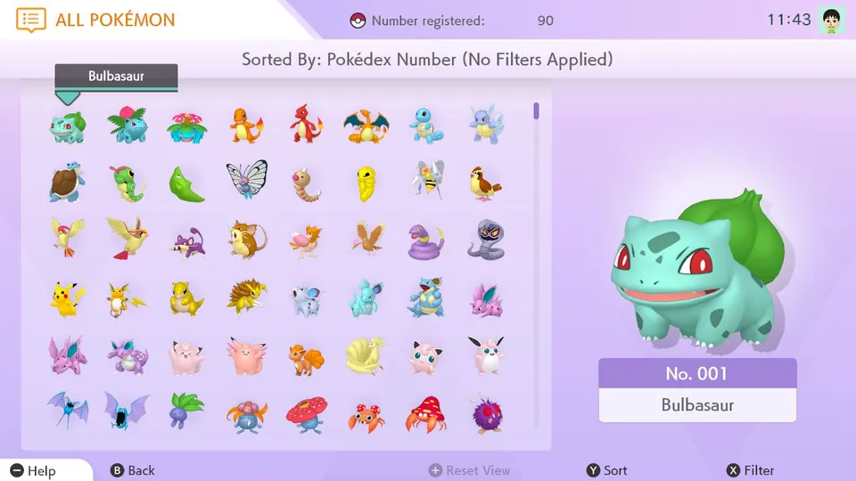 The Pokémon HOME list of all Pokémon sorted by Pokédex number with Bulbasaur selected