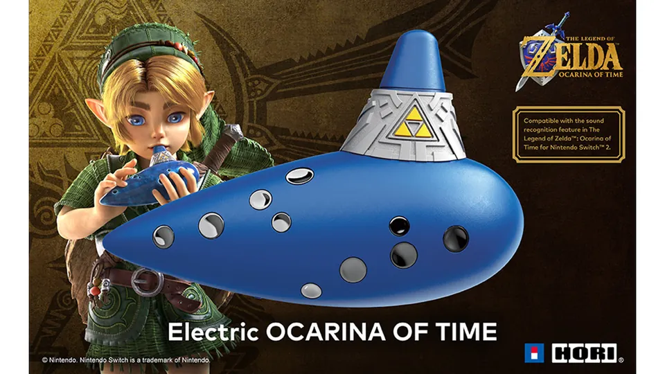 The blue Electric Ocarina of Time with a silver Triforce band, next to young Link playing an ocarina.