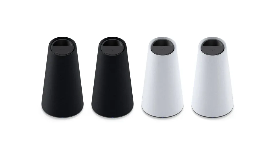 Four Pulse Elevate speakers seen from above, two black and two white, with the Sony logo and control buttons on each top panel
