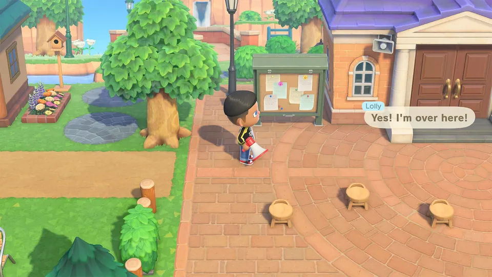 A player calls out to a resident near the town hall with a megaphone in Animal Crossing: New Horizons