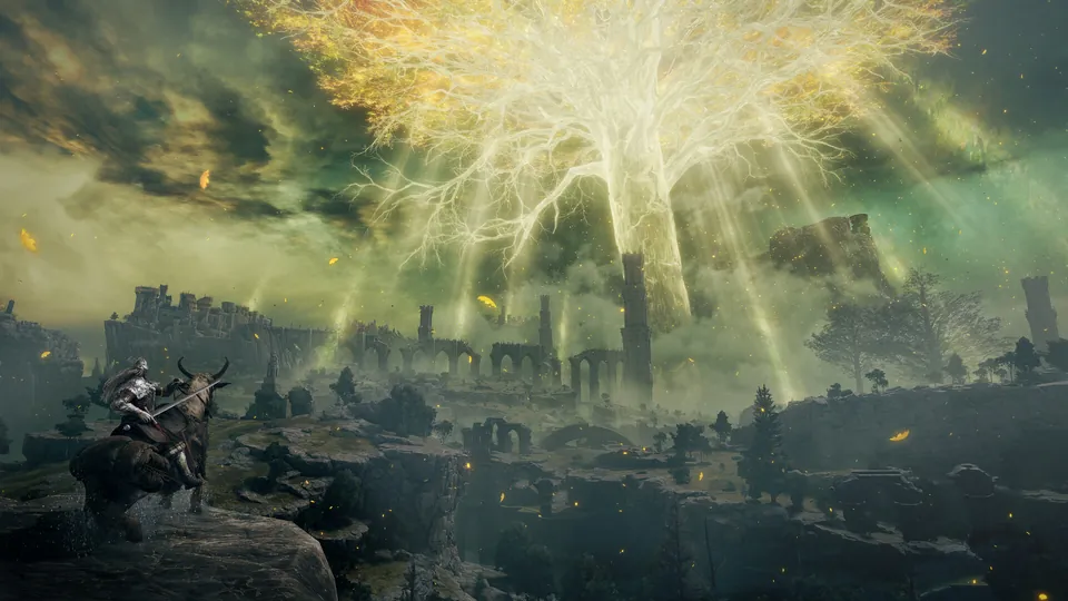 A rider on horseback looks out over ruins toward the glowing golden Erdtree in Elden Ring