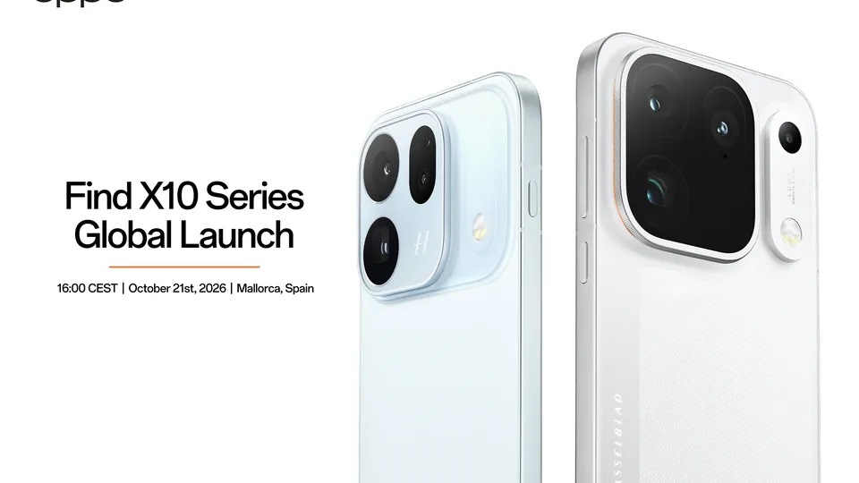 Oppo's Find X10 Series global launch artwork with two white Find X10 phones, dated Oct. 21, 2026, in Mallorca