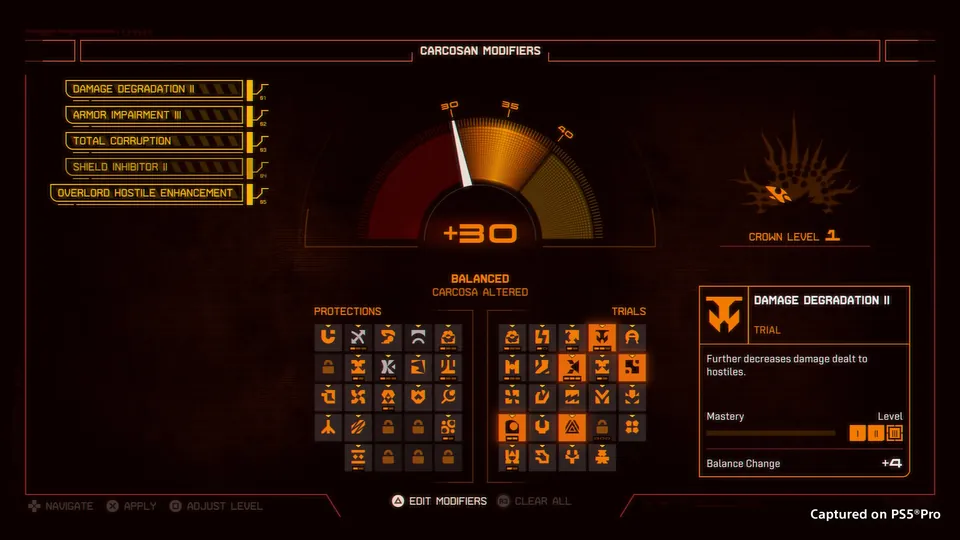 Saros Carcosan Modifiers menu with Protection and Trial icons, a Modifier Balance gauge at +30 and the Crown level