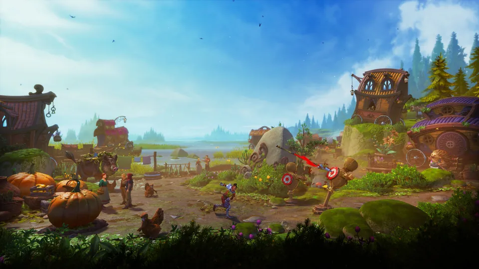 A village of round wooden houses and pumpkins on a bright day in Trine 6: Together in Time