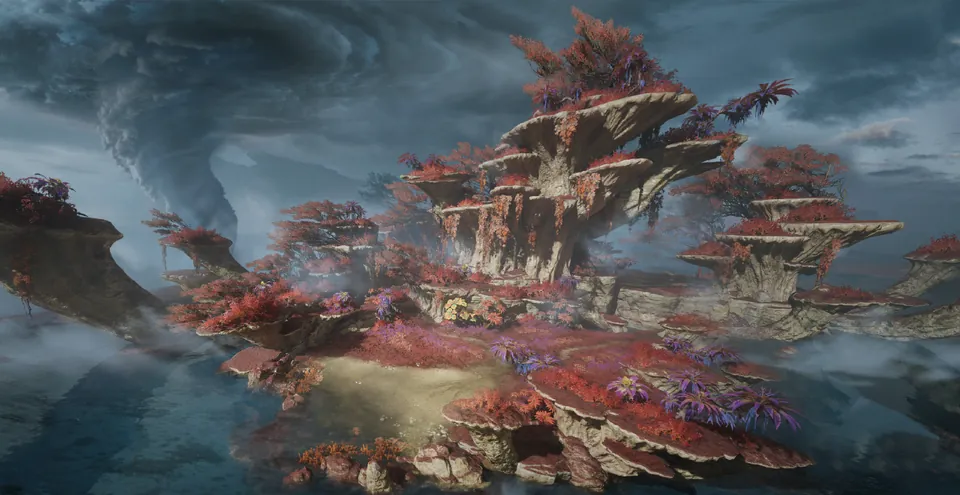 Aesoland island with red trees and stone ledges under a stormy sky in Monster Hunter Outlanders