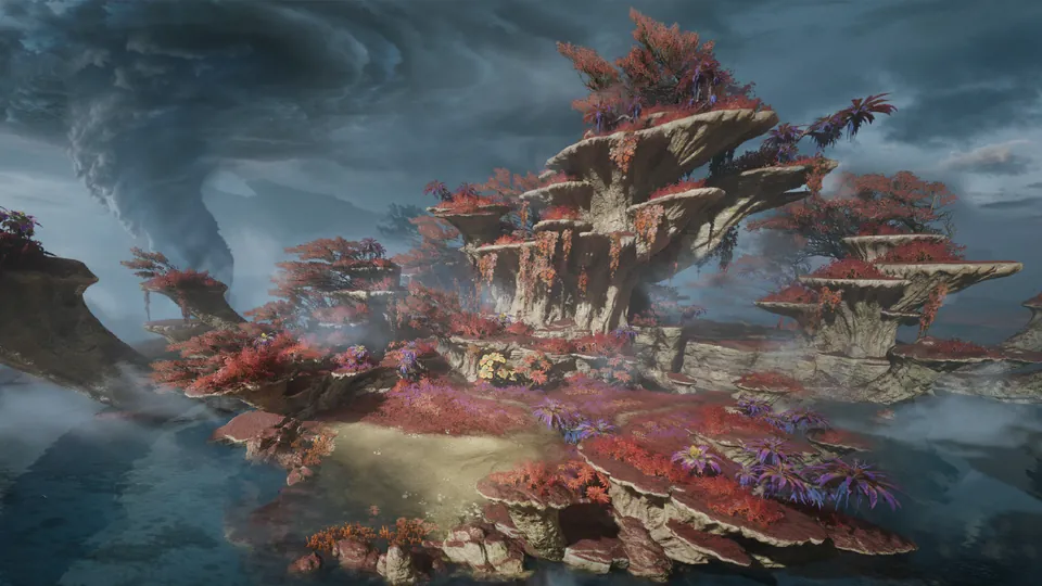 Aesoland island with red trees and stone ledges under a stormy sky in Monster Hunter Outlanders