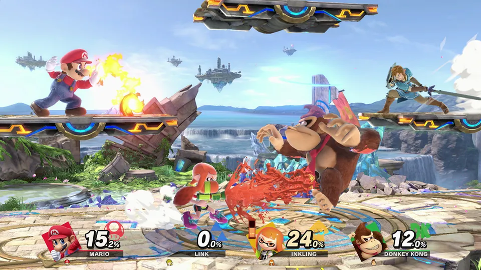 Four fighters battle on floating platforms above a waterfall, with damage percentages shown at the bottom, in Super Smash Bros. Ultimate