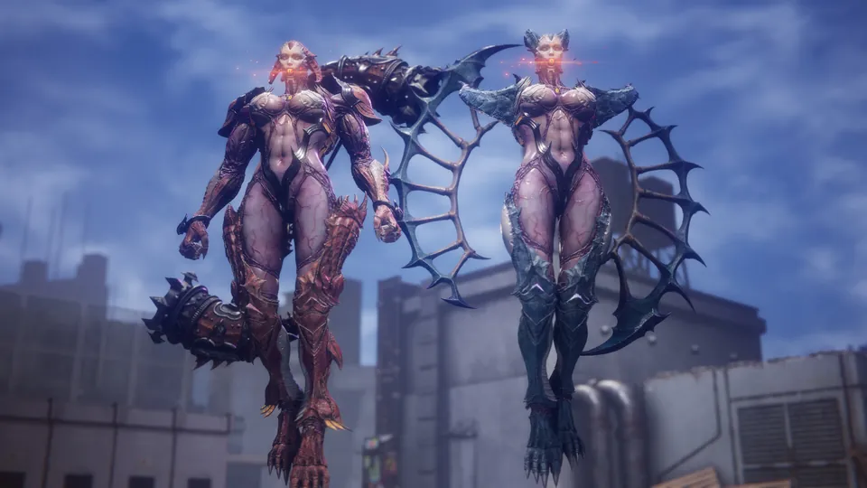 Two towering horned fiend women with spiked wheels hover above Tokyo rooftops