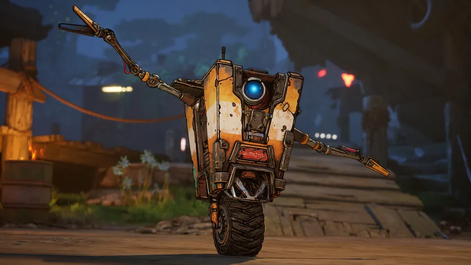 Claptrap waves on a wooden walkway in Borderlands 4