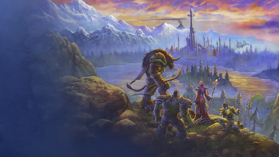 A tauren and other adventurers stand on a rocky ridge above a valley with a tall spire in WoW Forever art