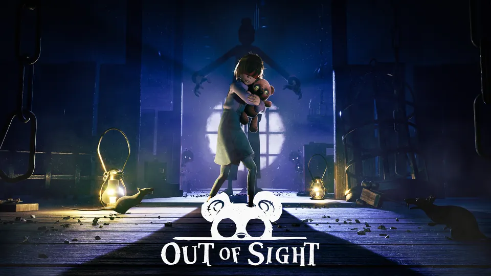 Out of Sight key art: a girl hugging a teddy bear in a dark attic, with the game logo