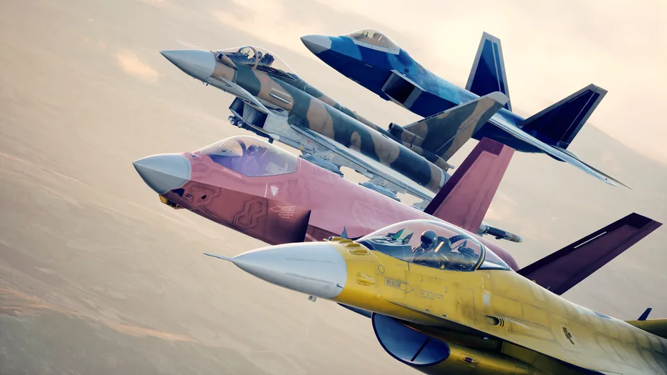 Four fighter jets in blue, camouflage, pink and yellow paint schemes fly close together in Ace Combat 8 Wings of Theve