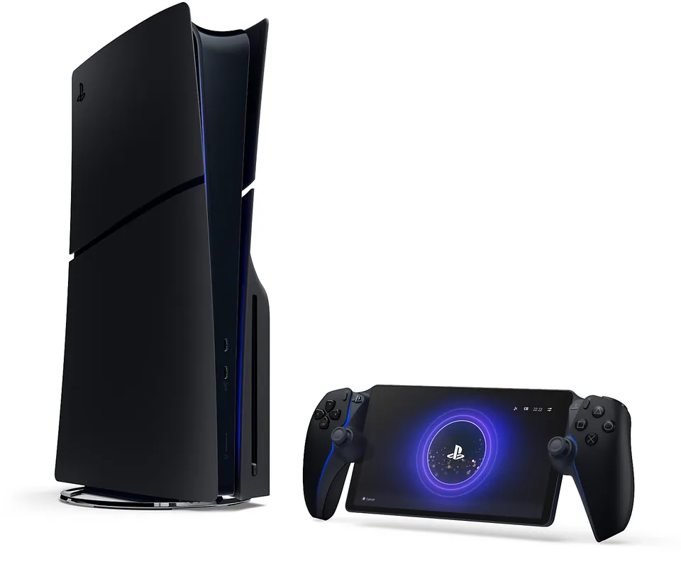 A black PS5 console standing upright beside a black PlayStation Portal remote player.