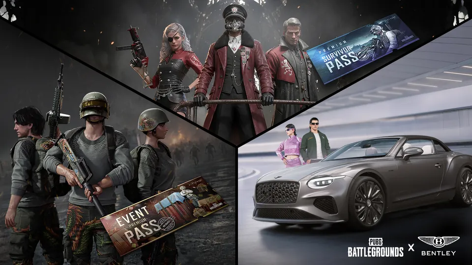 PUBG: Battlegrounds October store art with Survivor Pass and Event Pass characters and a silver Bentley convertible
