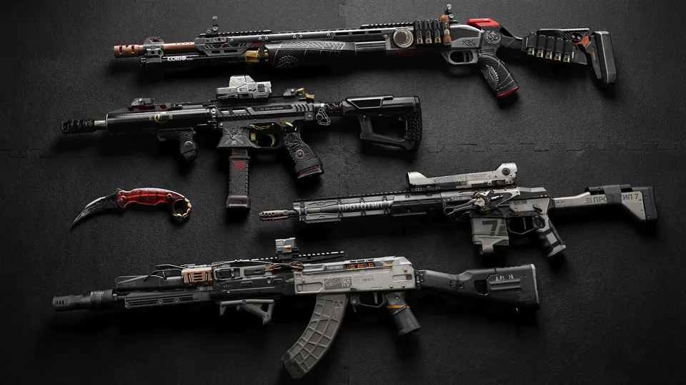 Five rifles and a knife from the Signature Weapon Collection laid out on a dark surface.