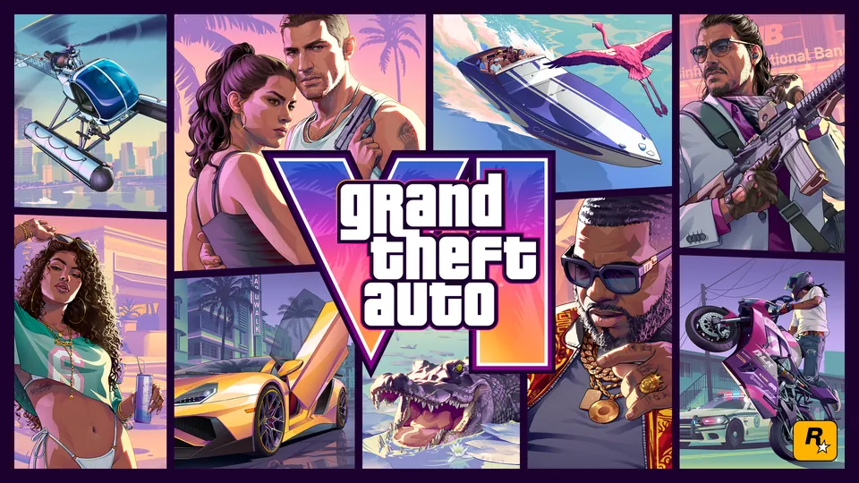 Grand Theft Auto VI cover art: Lucia, Jason and scenes from Vice City in panels around the game's logo
