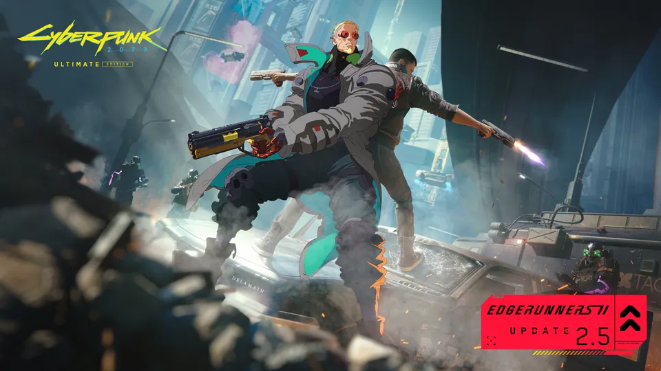 Official Cyberpunk 2077 Edgerunners 2 Update art: two armed mercs in anime style fire guns in a ruined Night City street