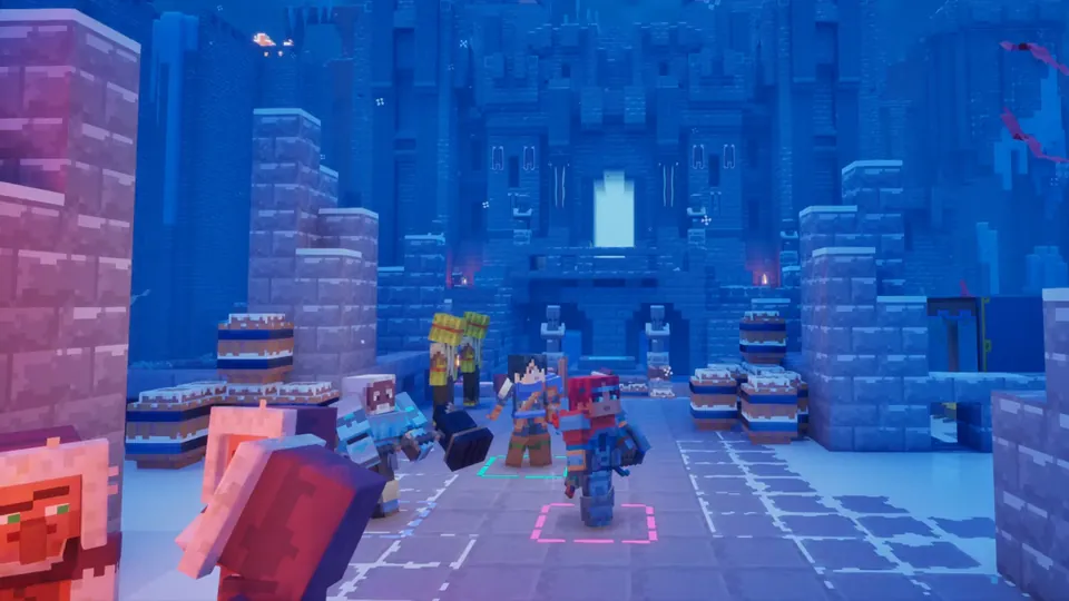 Four heroes run through the courtyard of a blue stone fortress in Minecraft Dungeons II