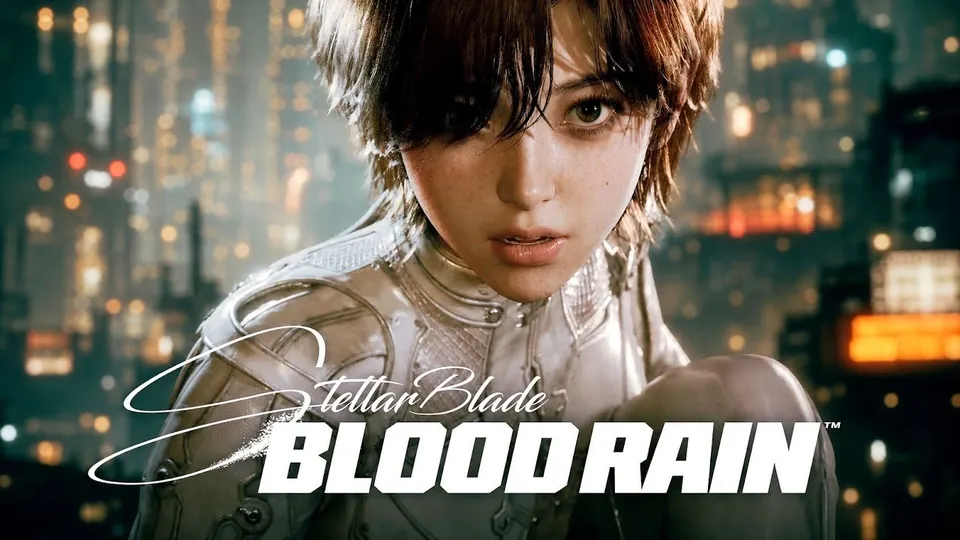 Evie, the new main character, with short brown hair and a pale suit, in front of blurred city lights above the Stellar Blade: Blood Rain logo