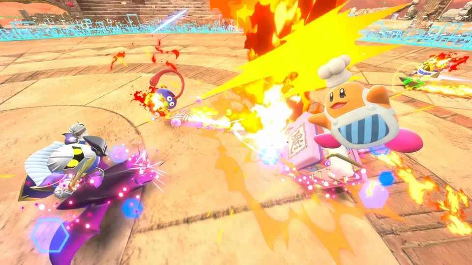 Kirby characters race through a desert course in a burst of fire in Kirby Air Riders.