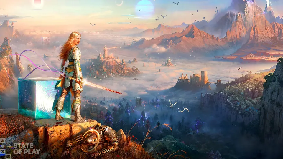 Faye on a cliff above a valley of floating islands, with a glowing cube beside her