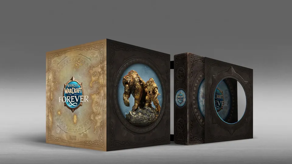 The World of Warcraft: Forever Collector's Edition box with a dwarf and bear statue inside