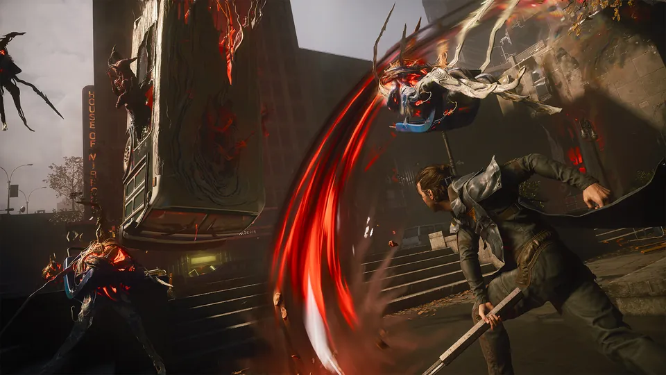Dylan Faden swings a glowing blade in a red arc at flying creatures on a ruined Manhattan street in Control Resonant