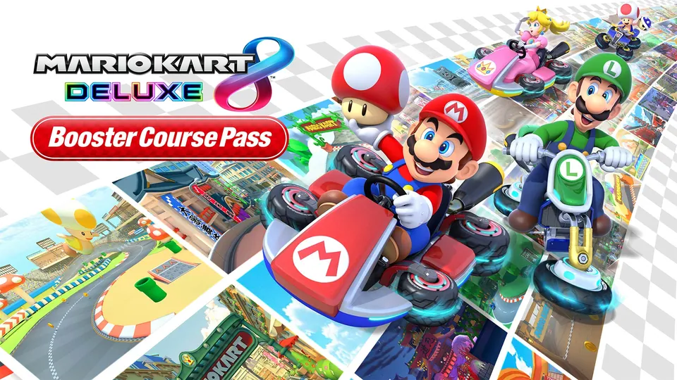Mario, Luigi, Peach and Toad race over a collage of courses in the Mario Kart 8 Deluxe Booster Course Pass key art