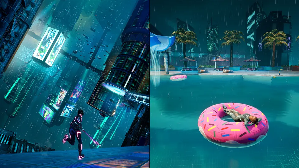 A split screen shows a runner in a rainy neon city and a donut float drifting in a tropical pool in Split Fiction