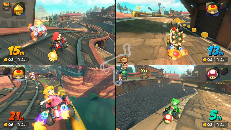 Four-player split-screen race with Mario, Bowser, Peach and Yoshi on a desert track in Mario Kart World