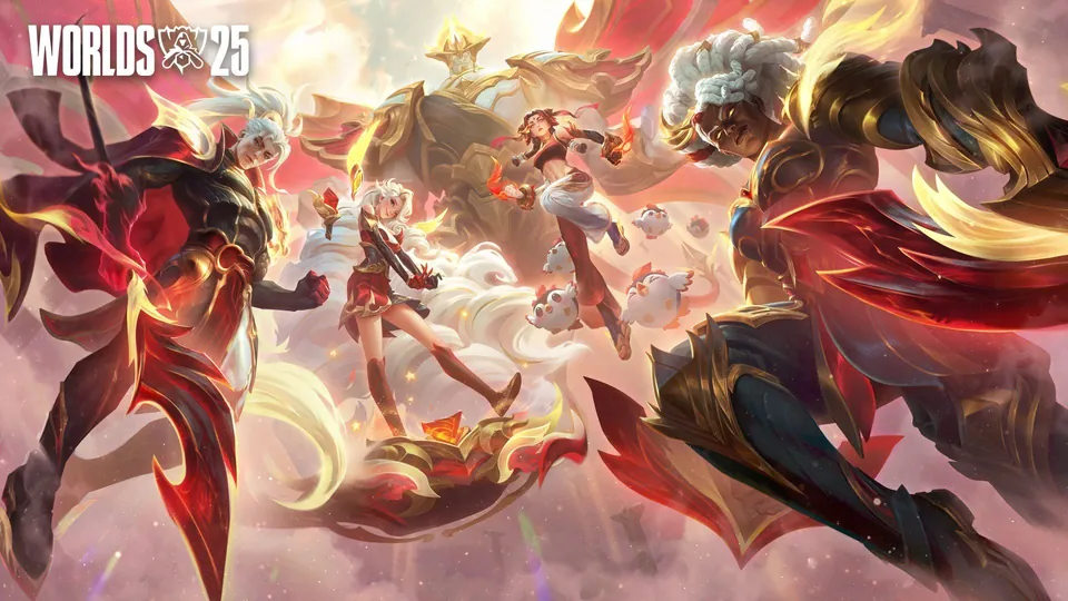 Riot's splash art for the T1 Worlds 2025 skins, with champions in red and gold armor and a Worlds 25 logo