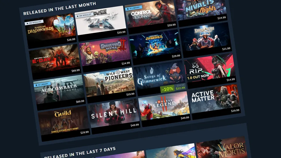 Steam Personal Calendar grid of games released in the last month, with prices and On Wishlist and In Library tags